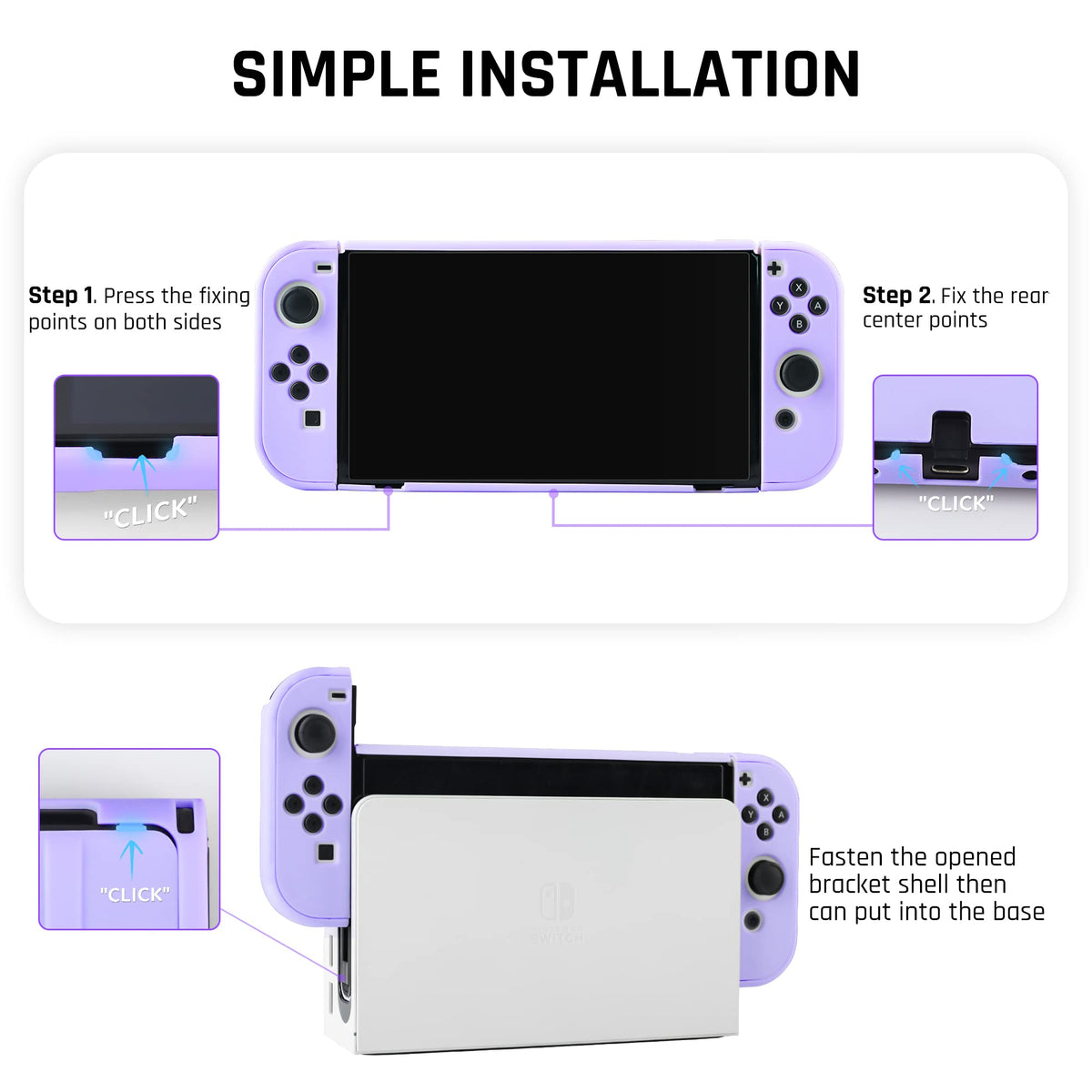 Purple Case for Nintendo Switch OLED Model with Screen Protector and 4 Thumb Grip Caps I10392