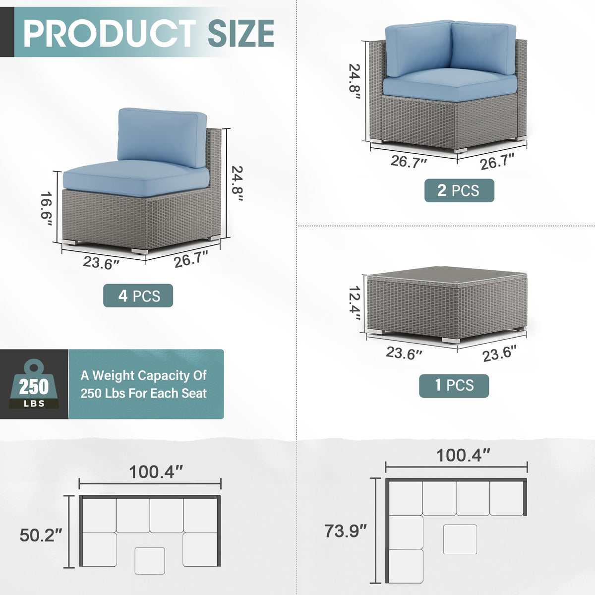 7 Piece Grey Wicker Rattan Patio Furniture Set with Glass Coffee Table B551