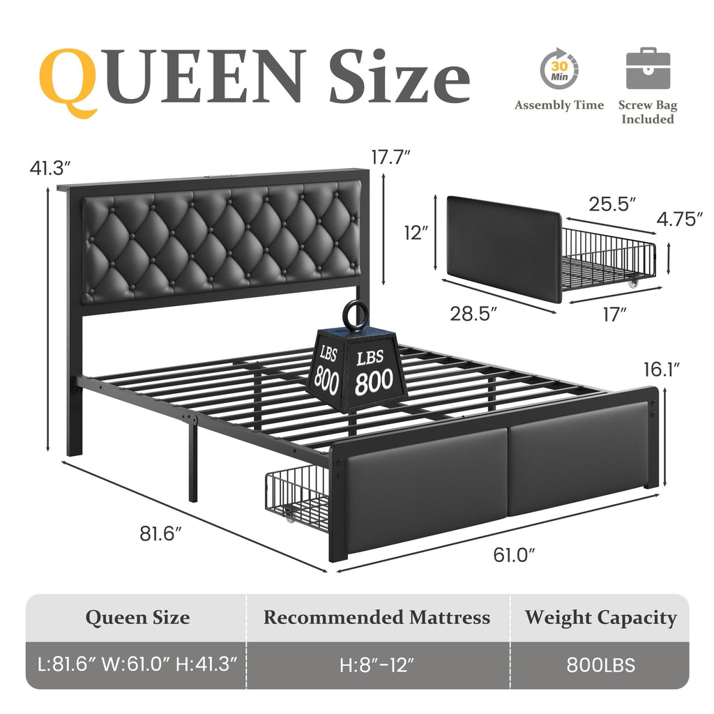 Queen Bed Frame with Upholstered Headboard and 2 Storage Drawers H706