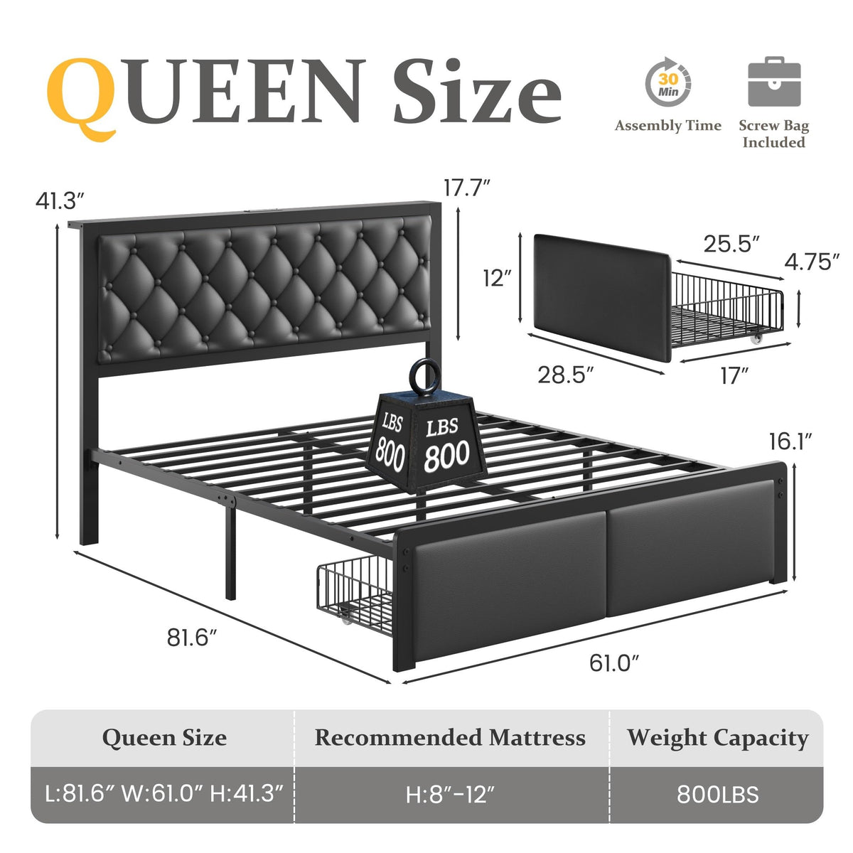 Queen Bed Frame with Upholstered Headboard and 2 Storage Drawers H706