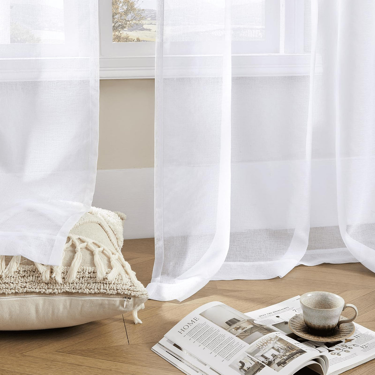 White 95 Inches Long Rod Pocket Sheer Curtains Set of 2 N13897