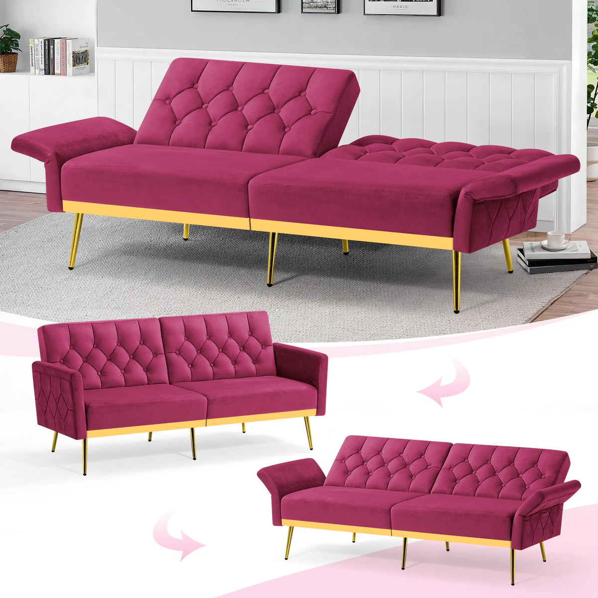Velvet Sofa Bed with Adjustable Armrests & Backrests M658351