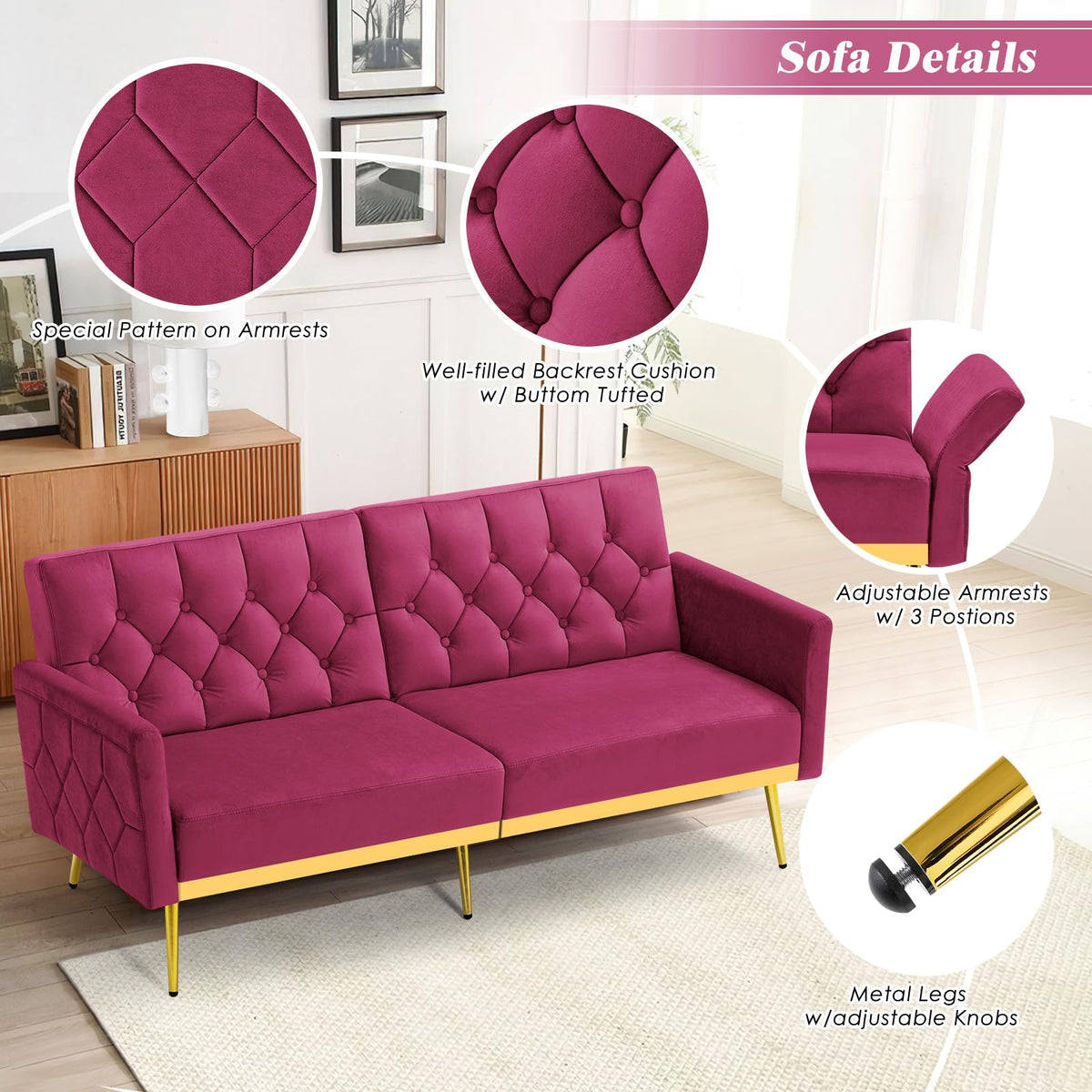 Velvet Sofa Bed with Adjustable Armrests & Backrests M658351