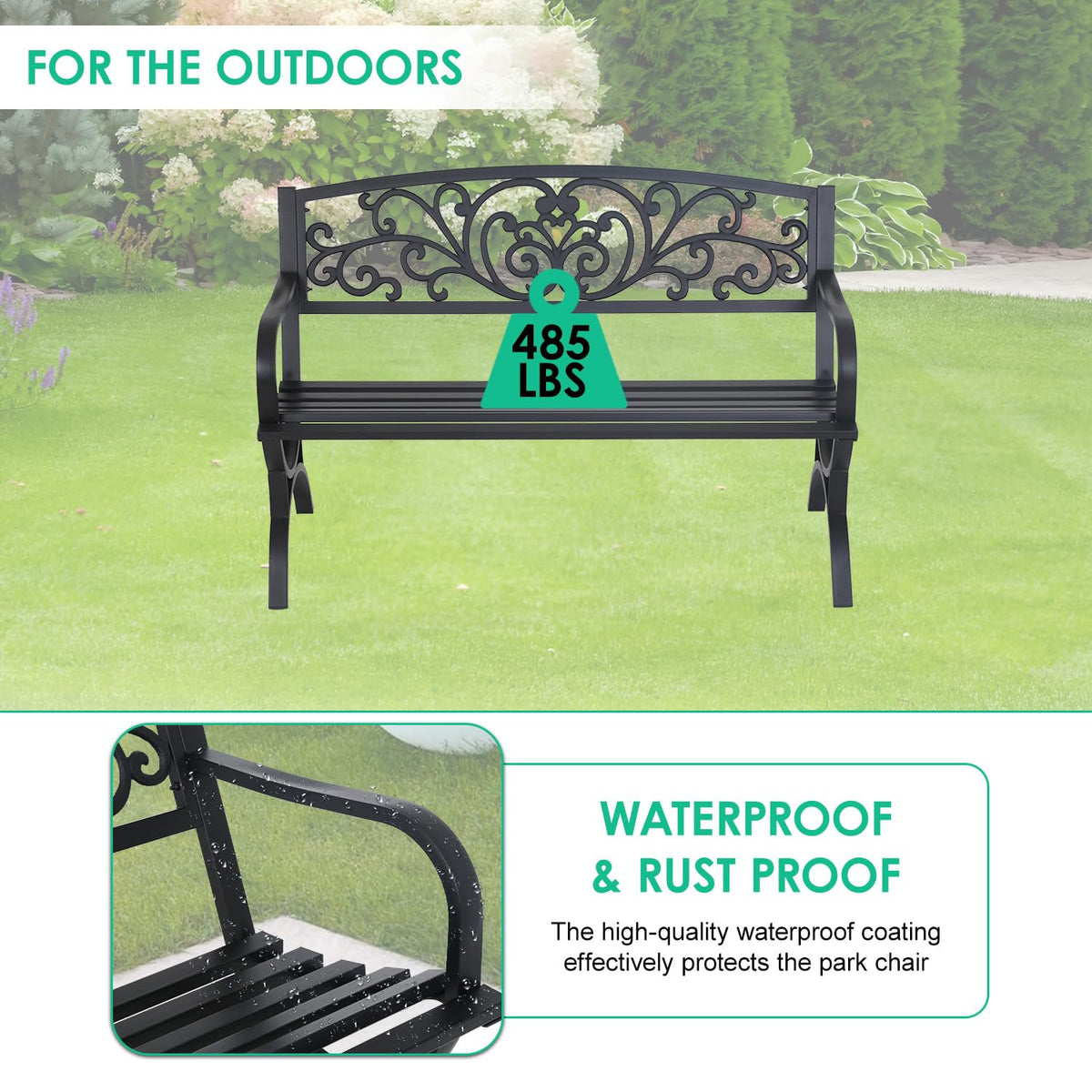 50" Outdoor Garden Bench Black 485lbs Load Capacity D268