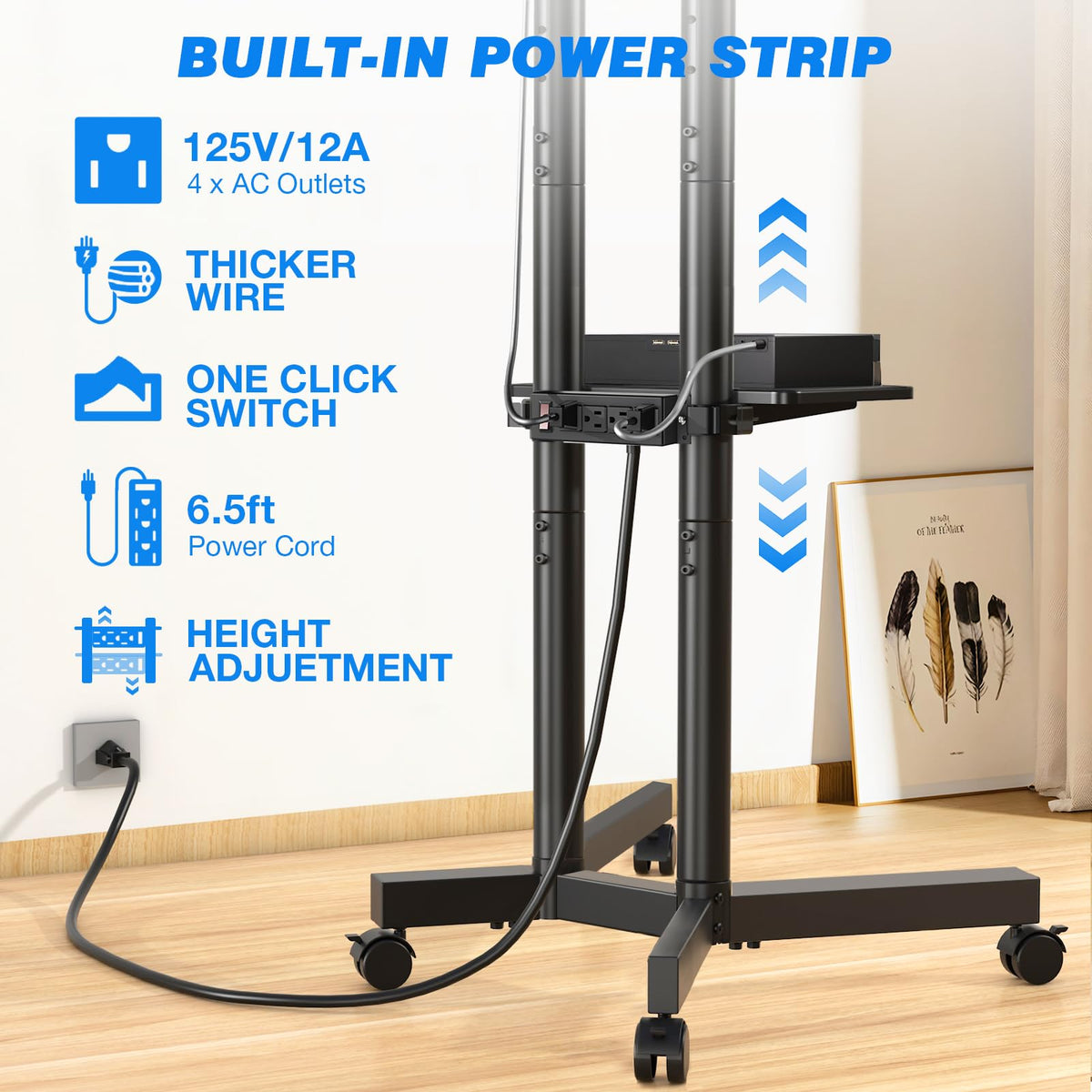 Mobile TV Cart Rolling TV Stand with Power Outlet for 32-75 Inch TVs B9830