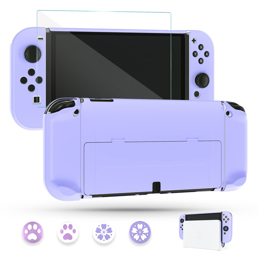 Purple Case for Nintendo Switch OLED Model with Screen Protector and 4 Thumb Grip Caps I10392