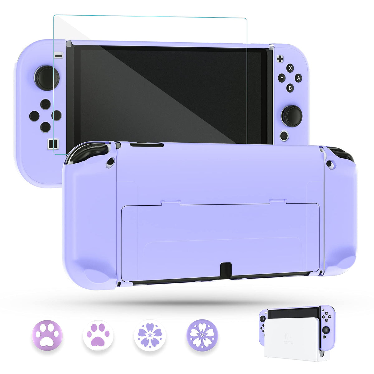 Purple Case for Nintendo Switch OLED Model with Screen Protector and 4 Thumb Grip Caps I10392