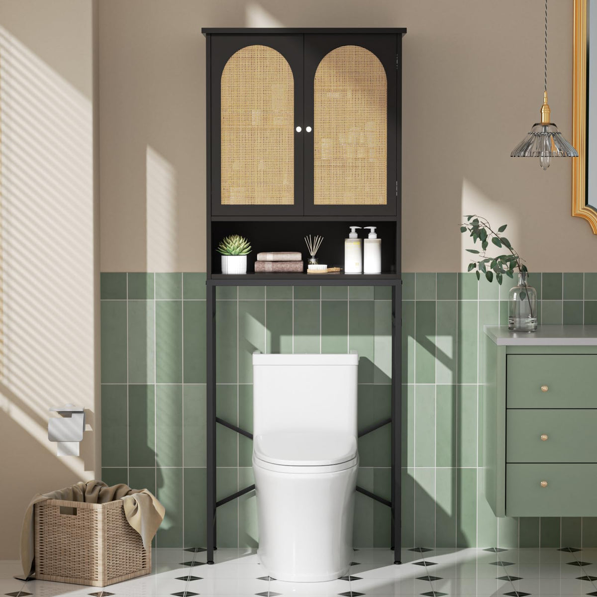 Rattan Wood Toilet Storage Cabinet with Metal Stand L649