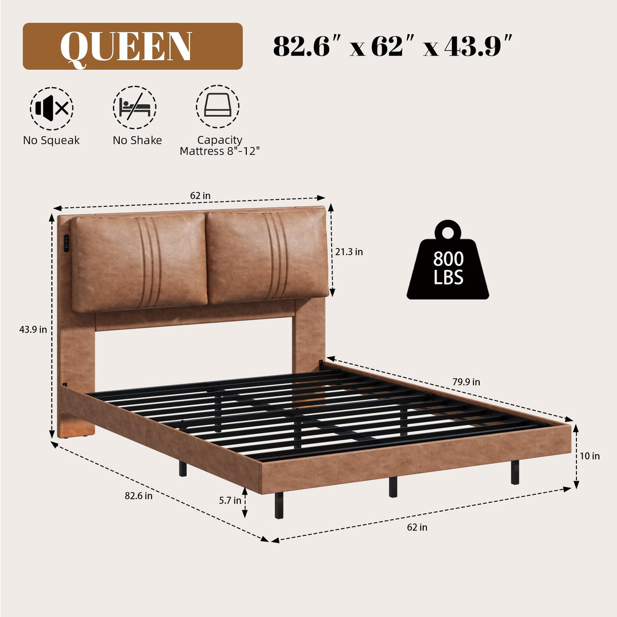 Queen Floating Bed Frame with LED Lights D7874