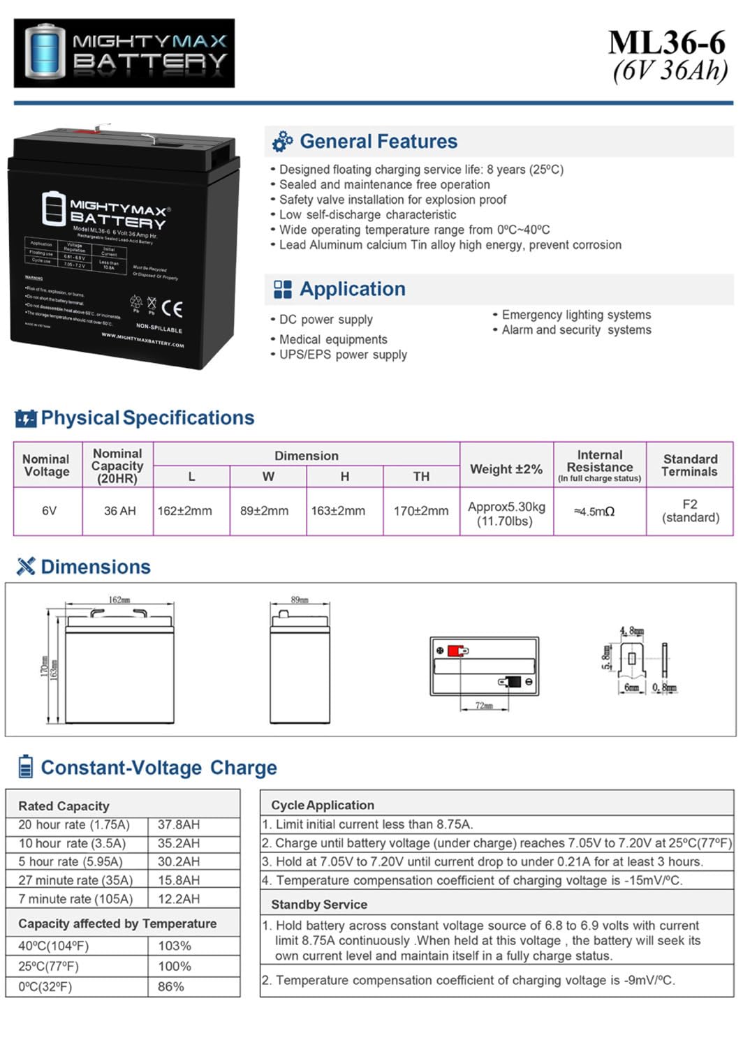 6V 36Ah AGM F2 Terminal Battery 4 Pack V864225