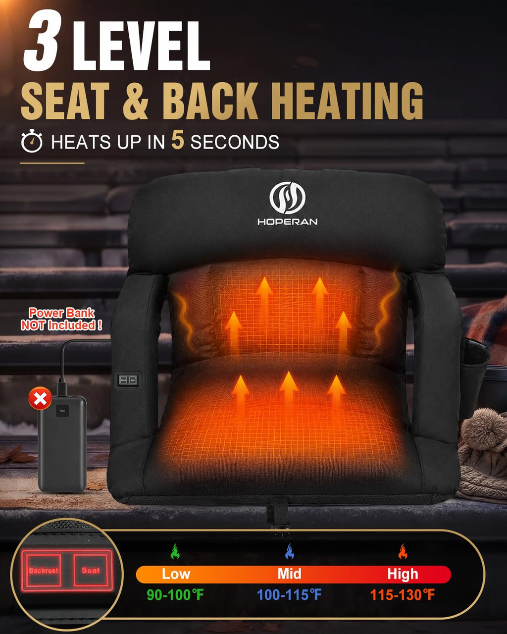 25" Heated Stadium Seats for Bleachers, 4.3" Extra Thick, Black 2PC P965554
