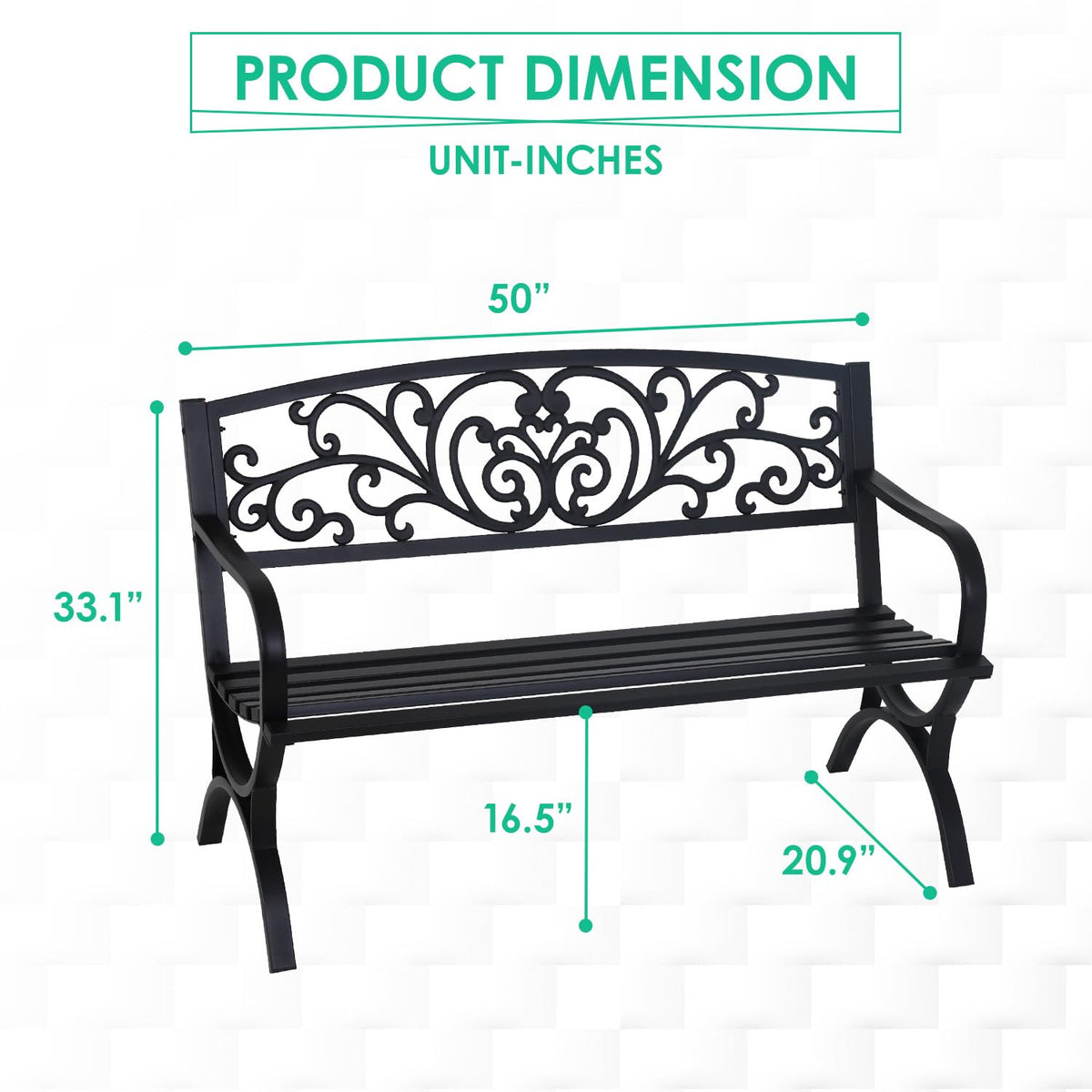 50" Outdoor Garden Bench Black 485lbs Load Capacity D268
