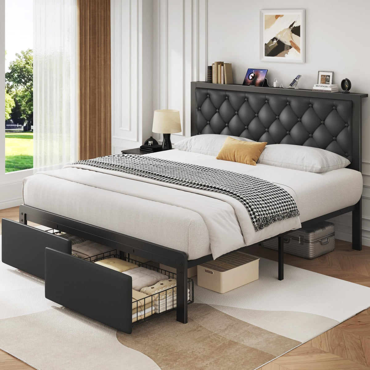 Queen Bed Frame with Upholstered Headboard and 2 Storage Drawers H706