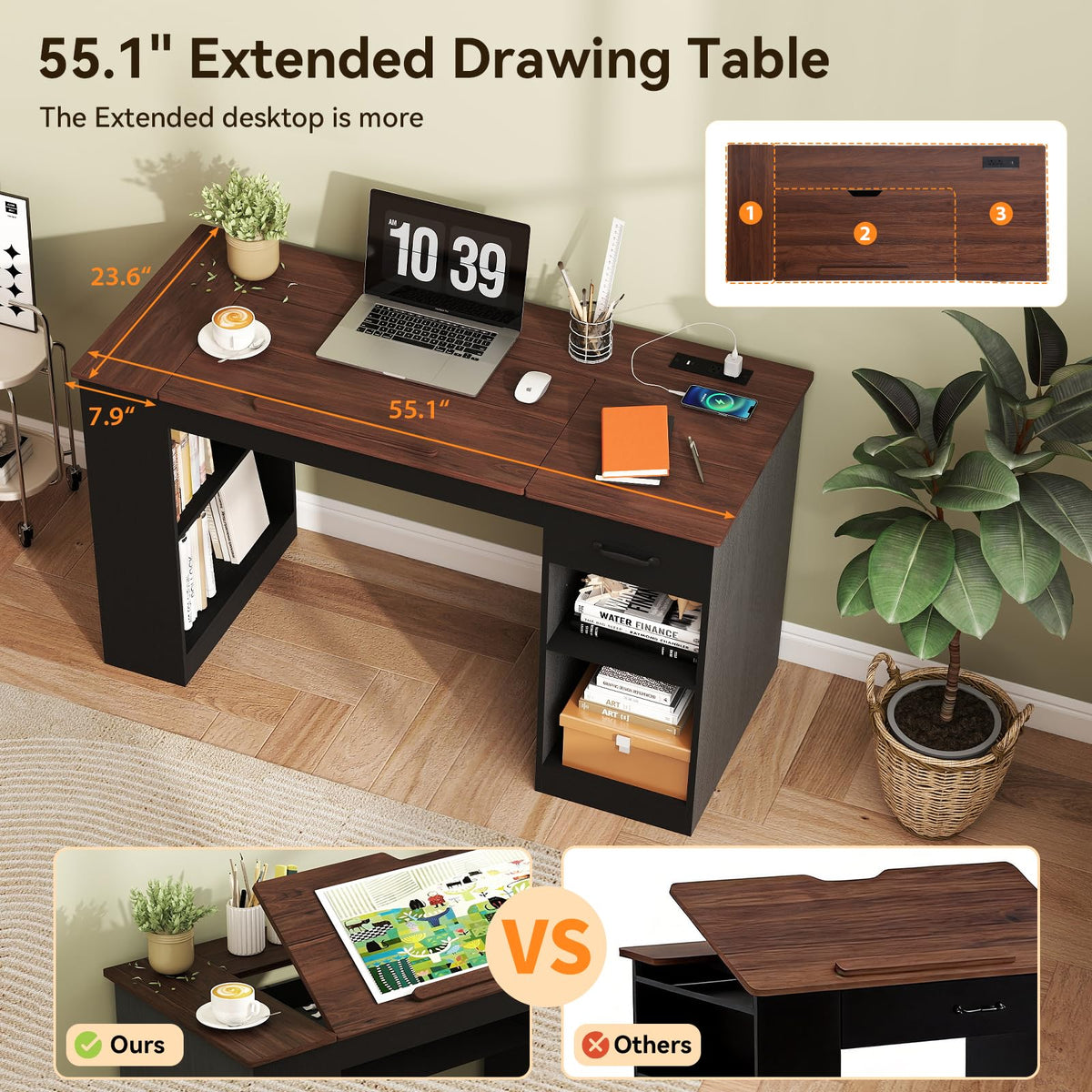 55.1" Black Drafting Table K808