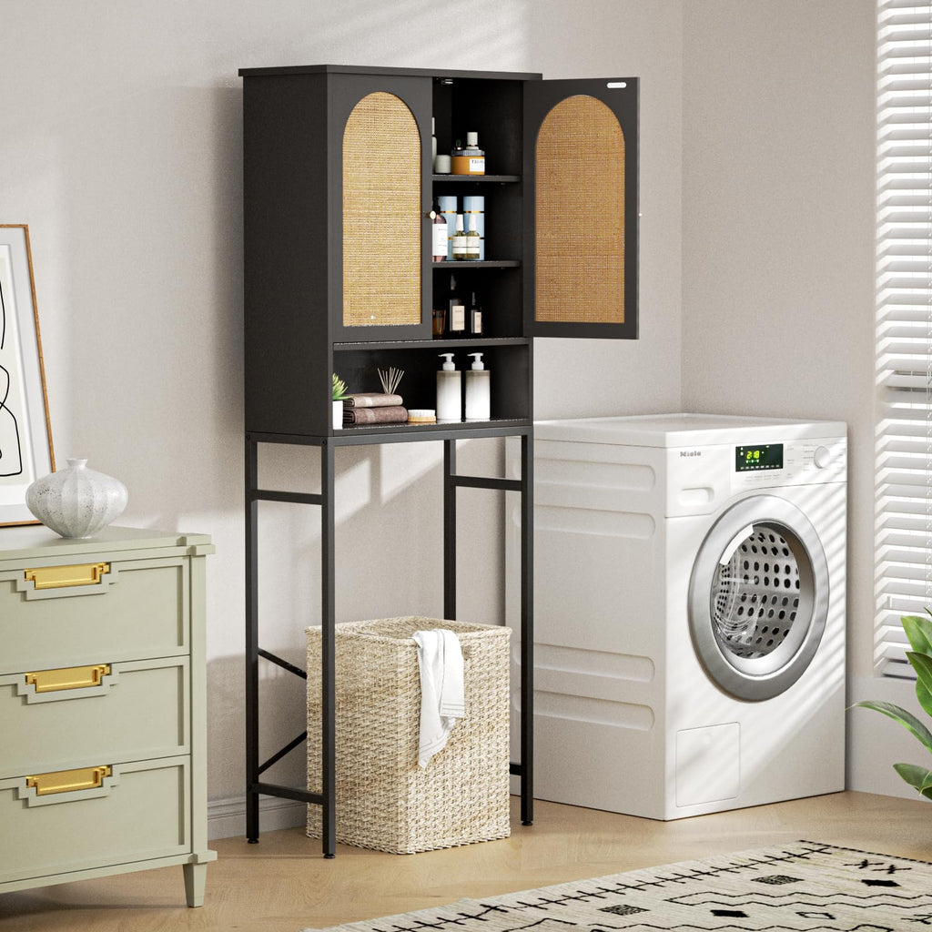 Rattan Wood Toilet Storage Cabinet with Metal Stand L649
