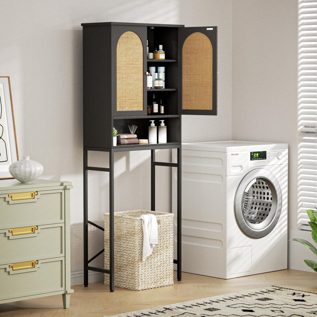 Rattan Wood Toilet Storage Cabinet with Metal Stand L649