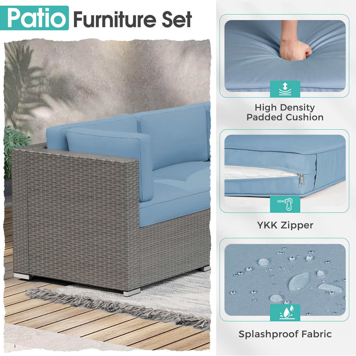 7 Piece Grey Wicker Rattan Patio Furniture Set with Glass Coffee Table B551