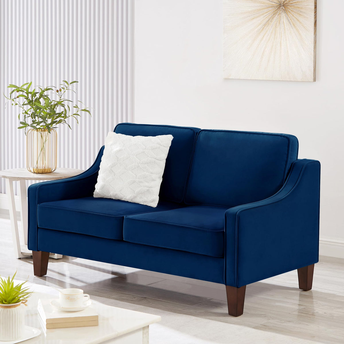 Navy Velvet 2 Seat Loveseat Sofa with Wooden Legs L478