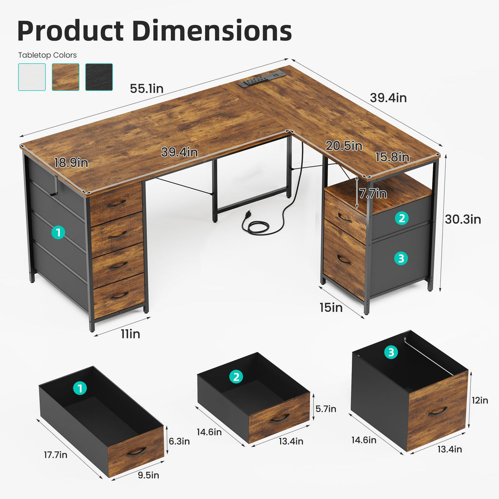 55 Inch L Shaped Office Desk with 6 Drawers J298