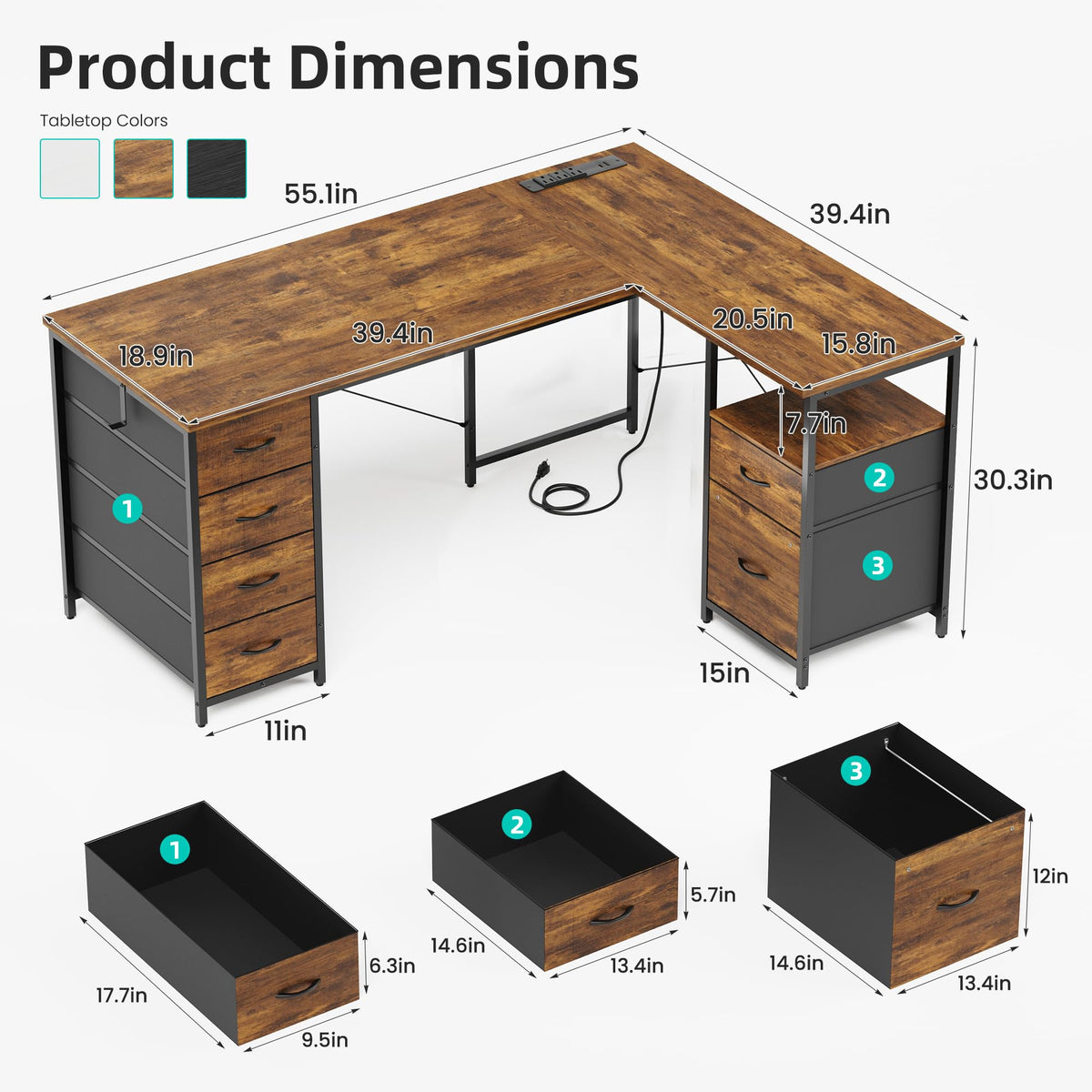 55 Inch L Shaped Office Desk with 6 Drawers J298