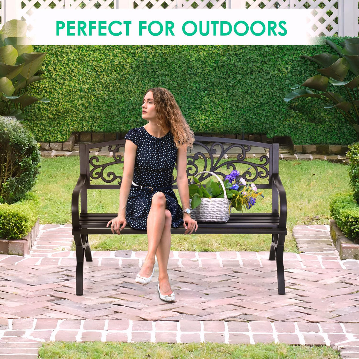 50" Outdoor Garden Bench Black 485lbs Load Capacity D268
