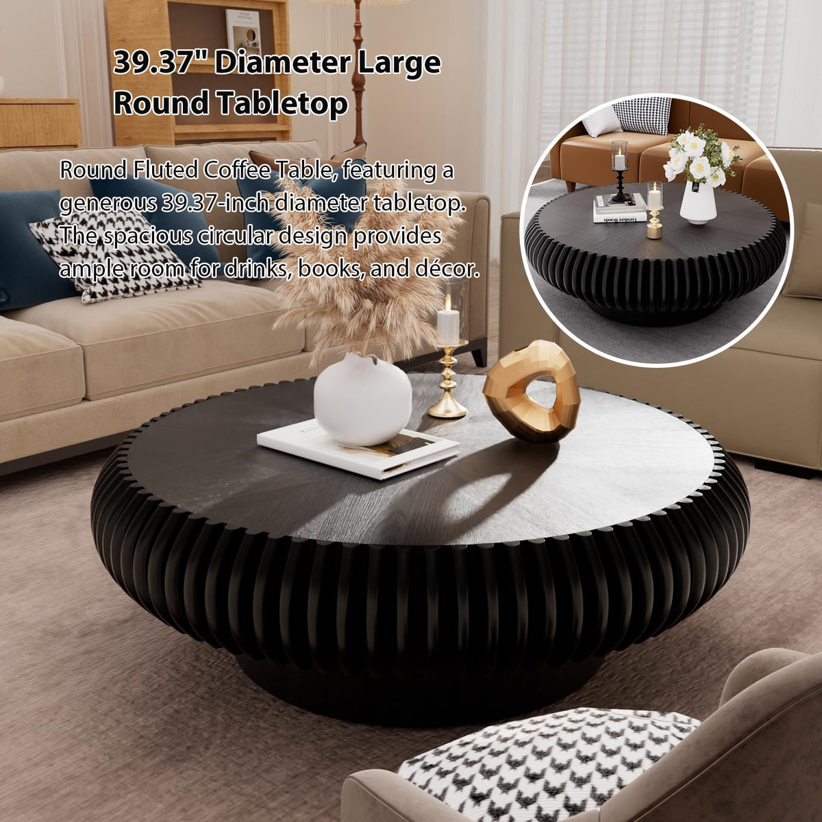 Black Round Fluted Drum Coffee Table O937748