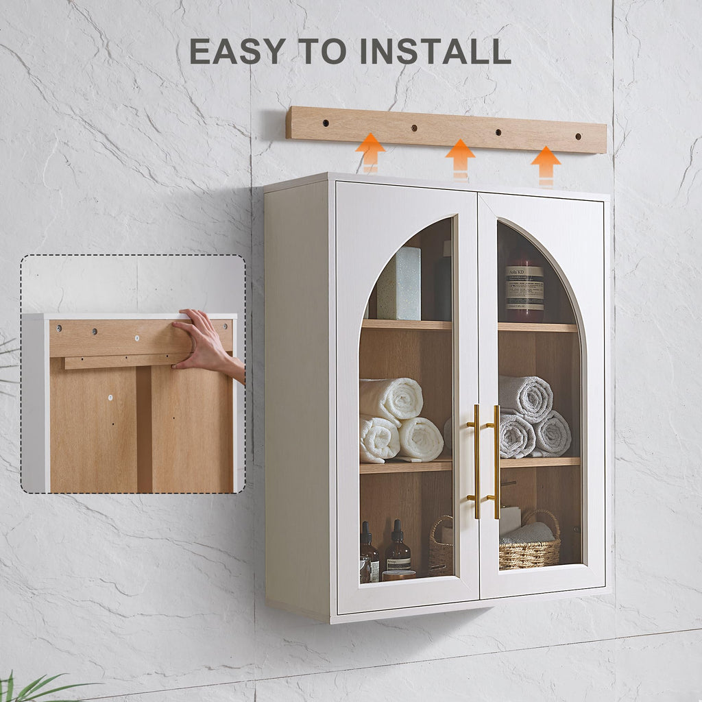 White Wall Mount Bathroom Cabinet with Glass Doors and Adjustable Shelves X9424