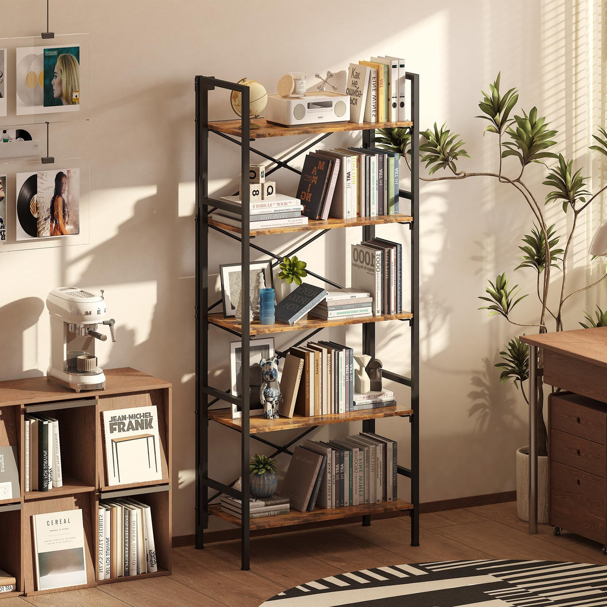Folding 5 Tier Bookcase with X-Bracket Design X1272