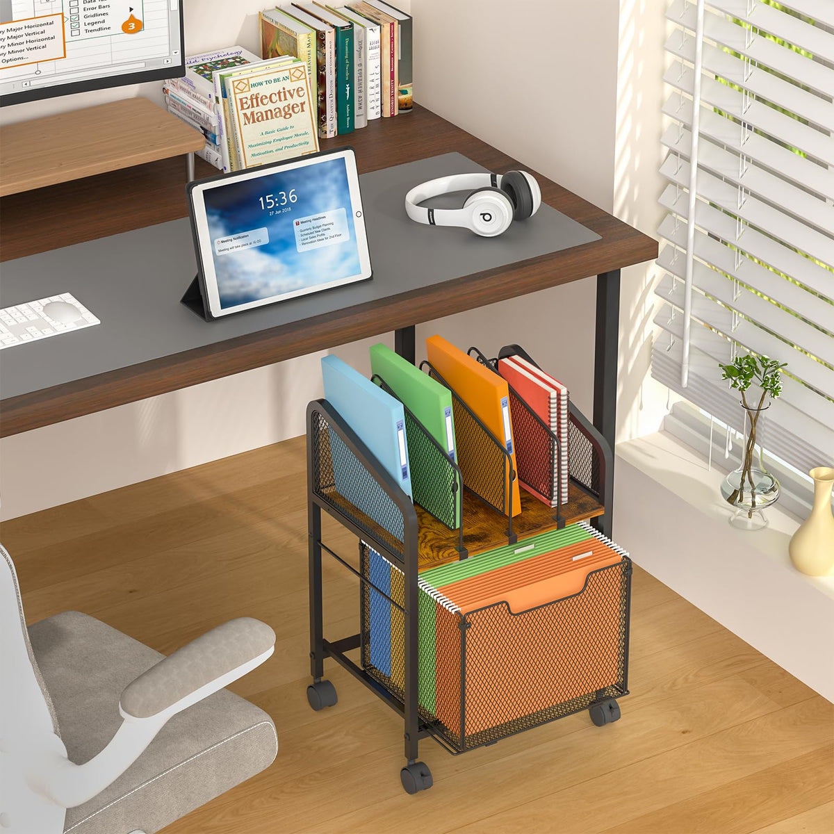 Rolling File Cabinet with Adjustable Dividers and Storage Drawer K6193