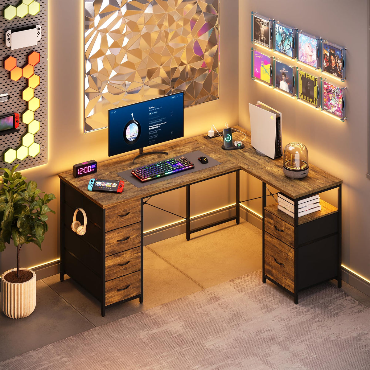 55 Inch L Shaped Office Desk with 6 Drawers J298