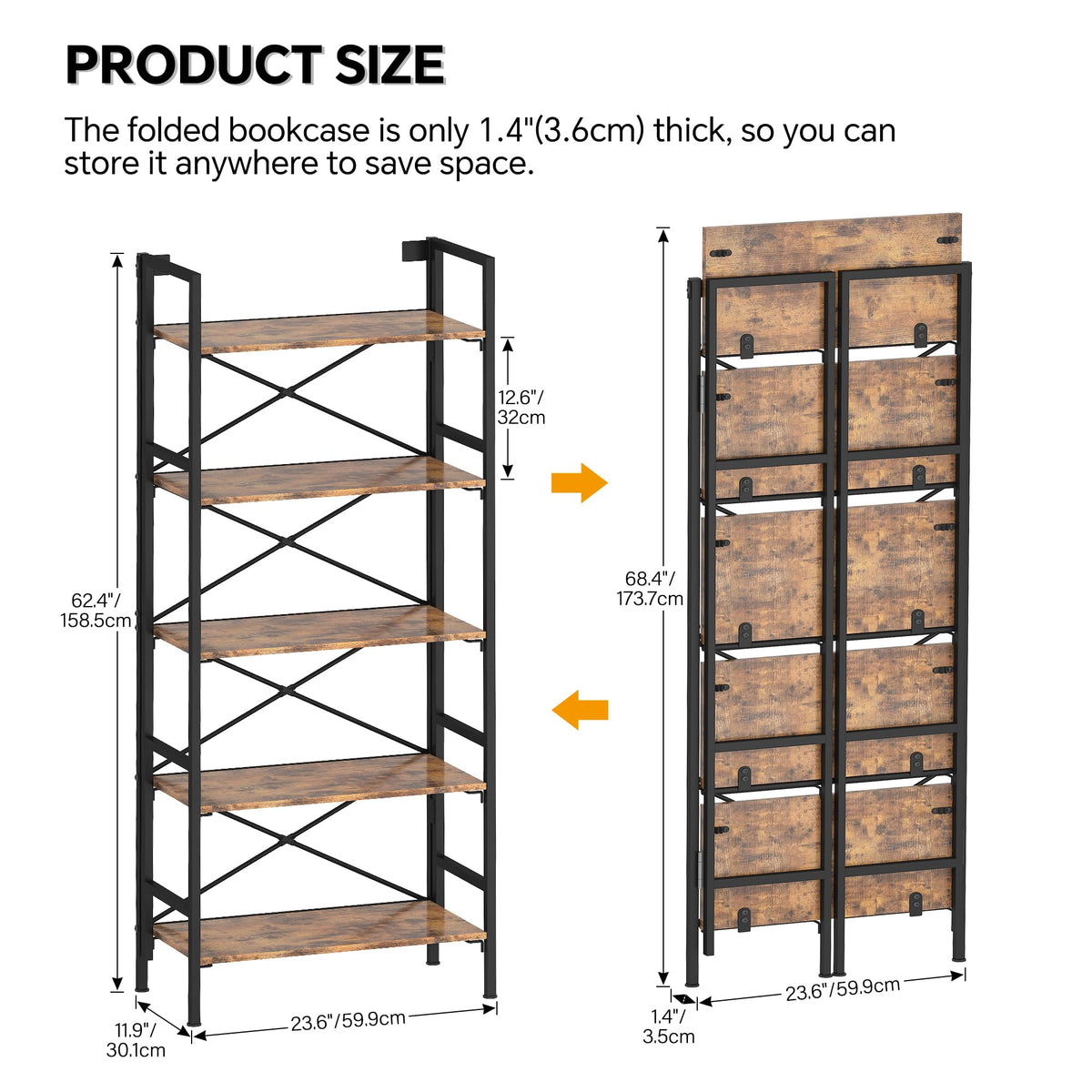 Folding 5 Tier Bookcase with X-Bracket Design X1272