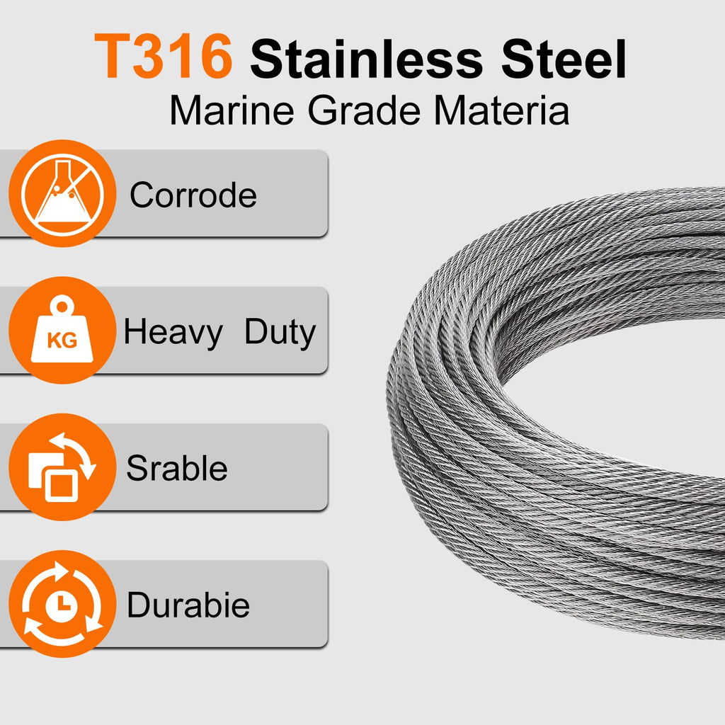 1/8 Stainless Steel Cable 200ft T316 Wire Rope with 8" Cutter B271
