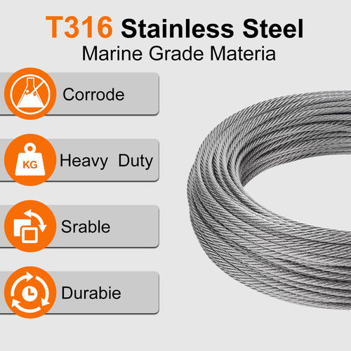 1/8 Stainless Steel Cable 200ft T316 Wire Rope with 8" Cutter B271