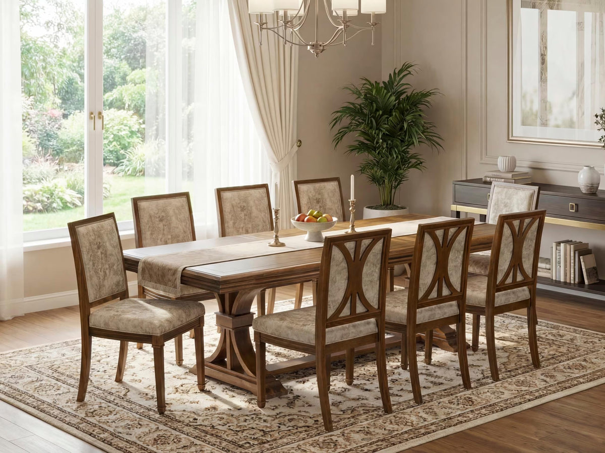 9 Piece Dining Table Set with 8 Light Beige Fabric Chairs Z923