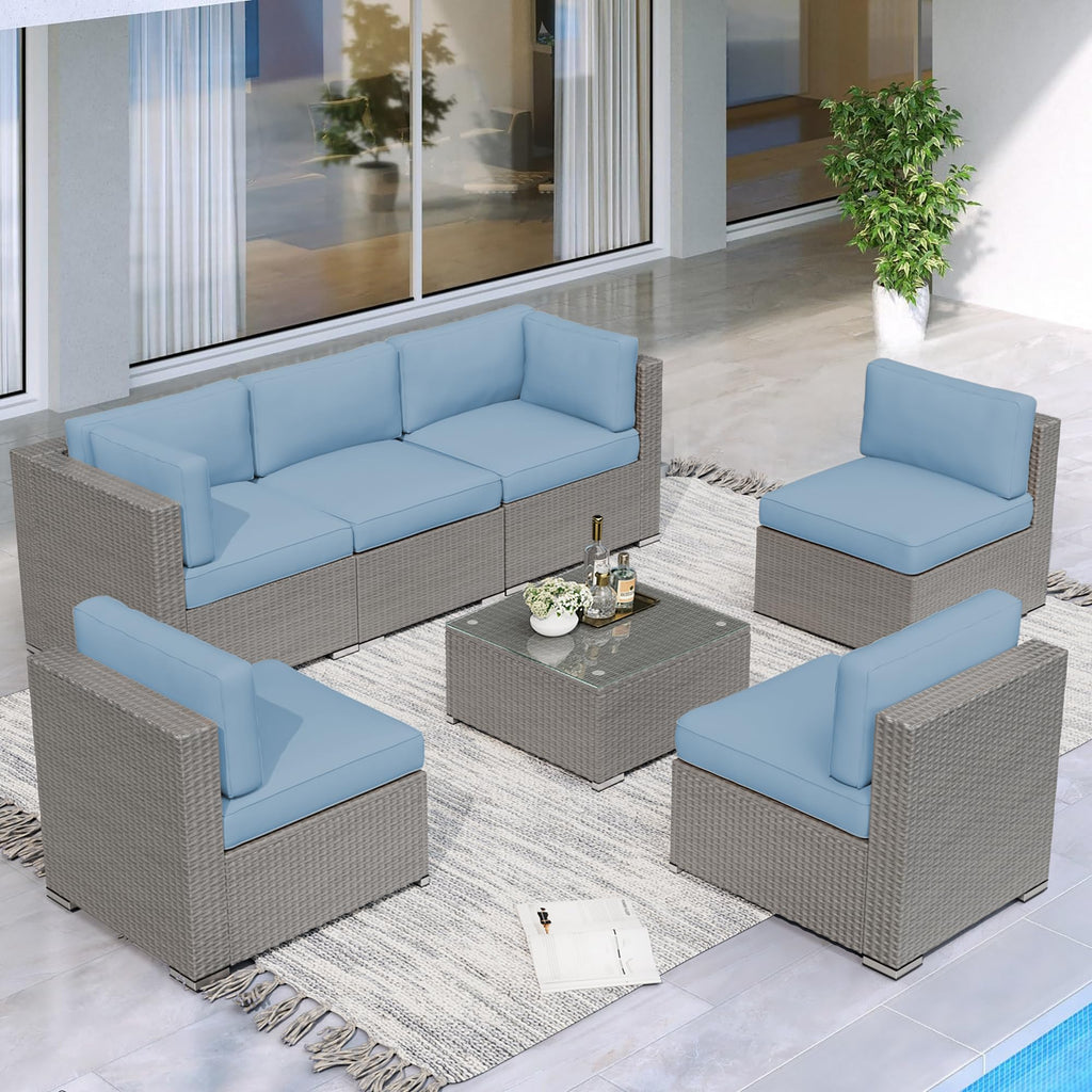 7 Piece Grey Wicker Rattan Patio Furniture Set with Glass Coffee Table B551