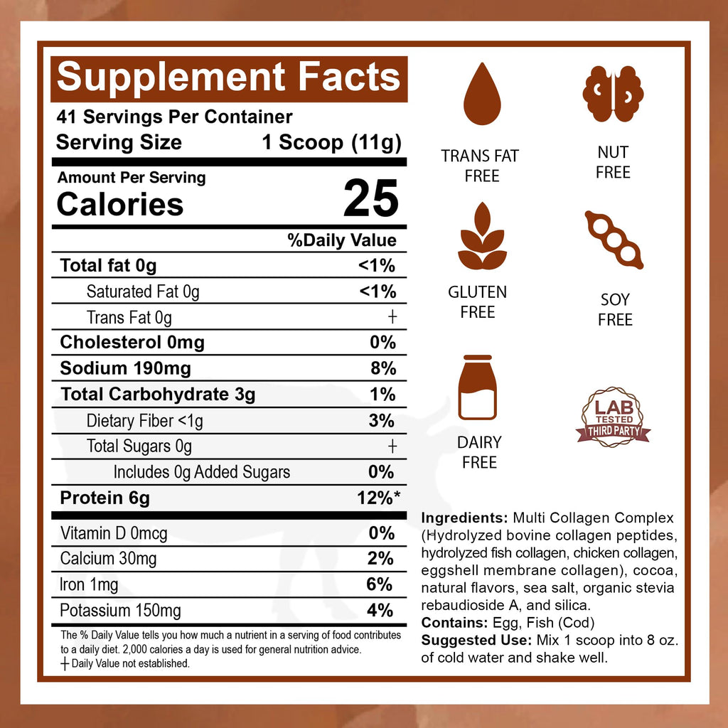Multi Collagen Peptides Protein Powder, Chocolate, 1LB N67245