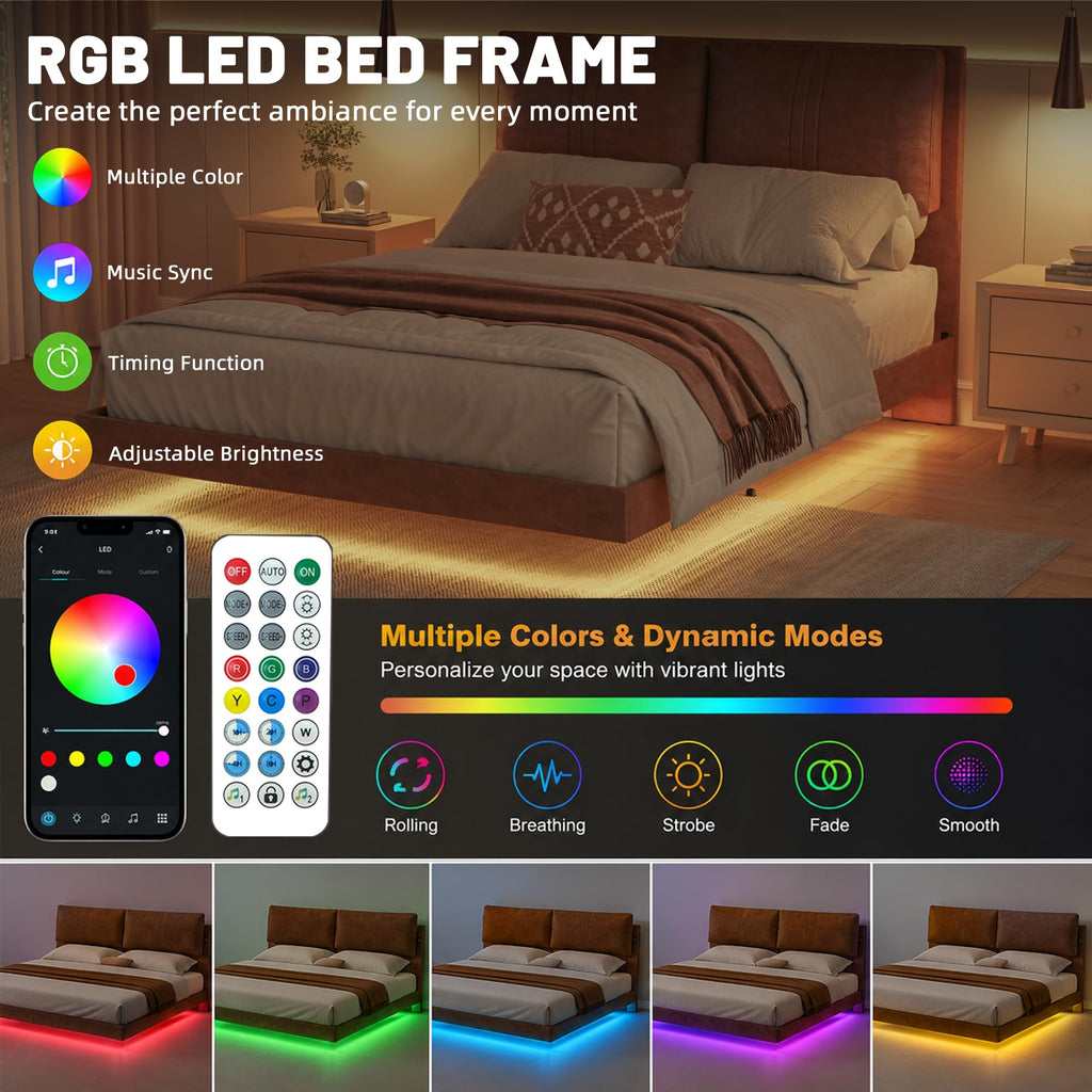 Queen Floating Bed Frame with LED Lights D7874