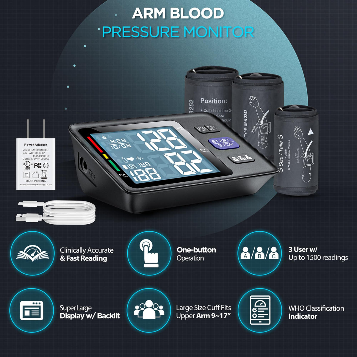 Automatic Upper Arm Blood Pressure Monitor, 3 Cuffs F9810