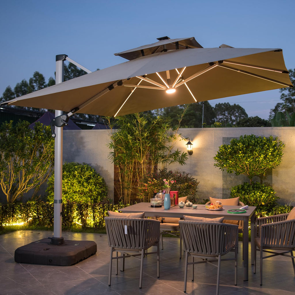 10 FT Square Cantilever Patio Umbrella with Solar LED Lights and Cross Base, Khaki Z29661