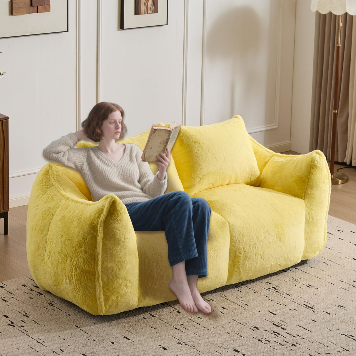 Oversized Ultra Soft Fluffy Faux Fur Bean Bag Chair with Pillows L93927