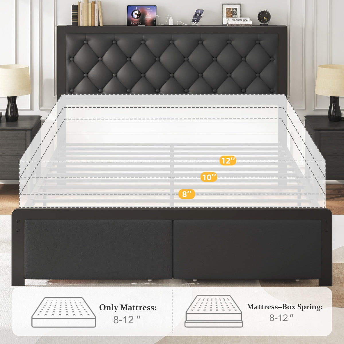 Queen Bed Frame with Upholstered Headboard and 2 Storage Drawers H706