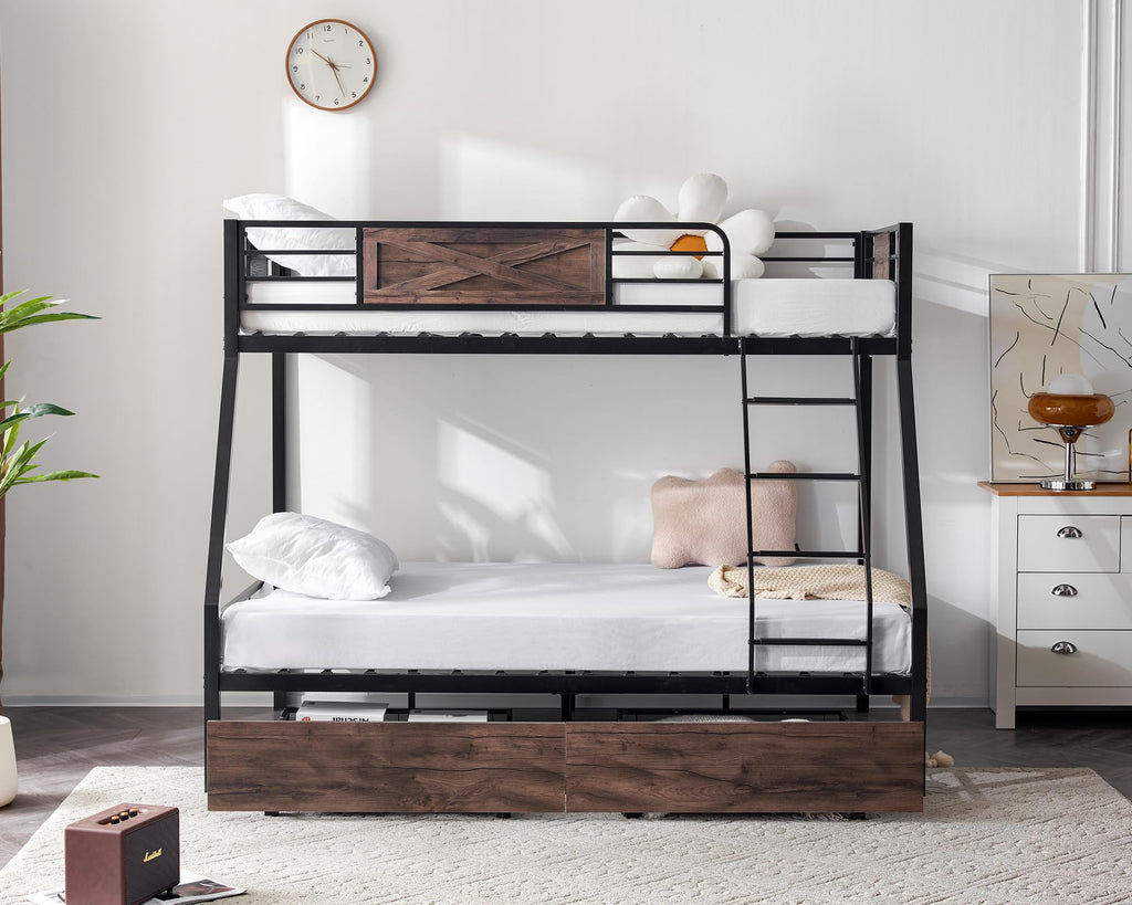Twin Over Full Metal Bunk Bed with 2 Storage Drawers W43889