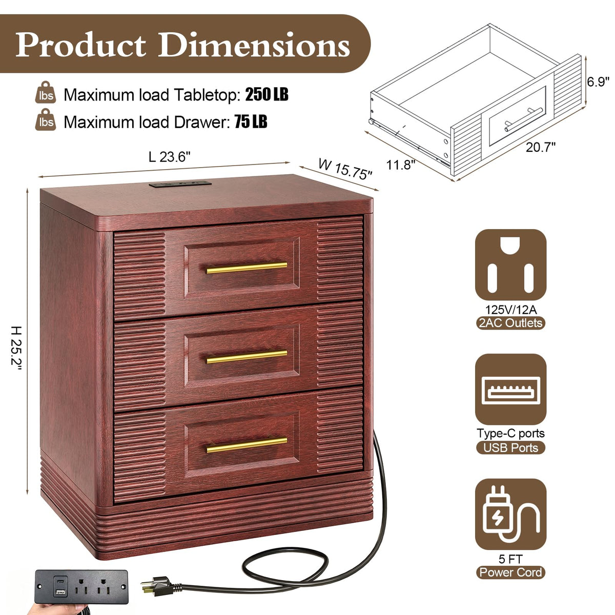 Walnut Nightstand with Charger Station D974