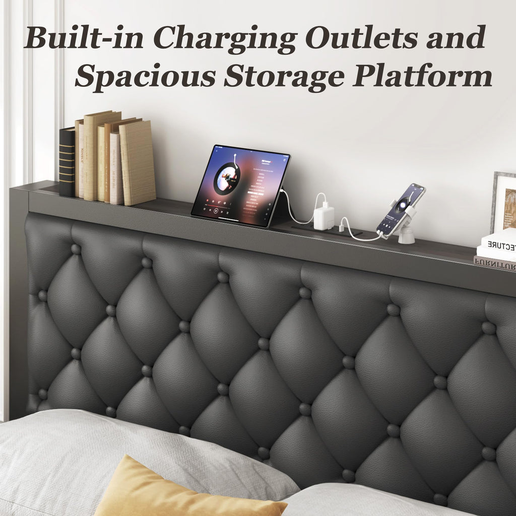 Queen Bed Frame with Upholstered Headboard and 2 Storage Drawers H706