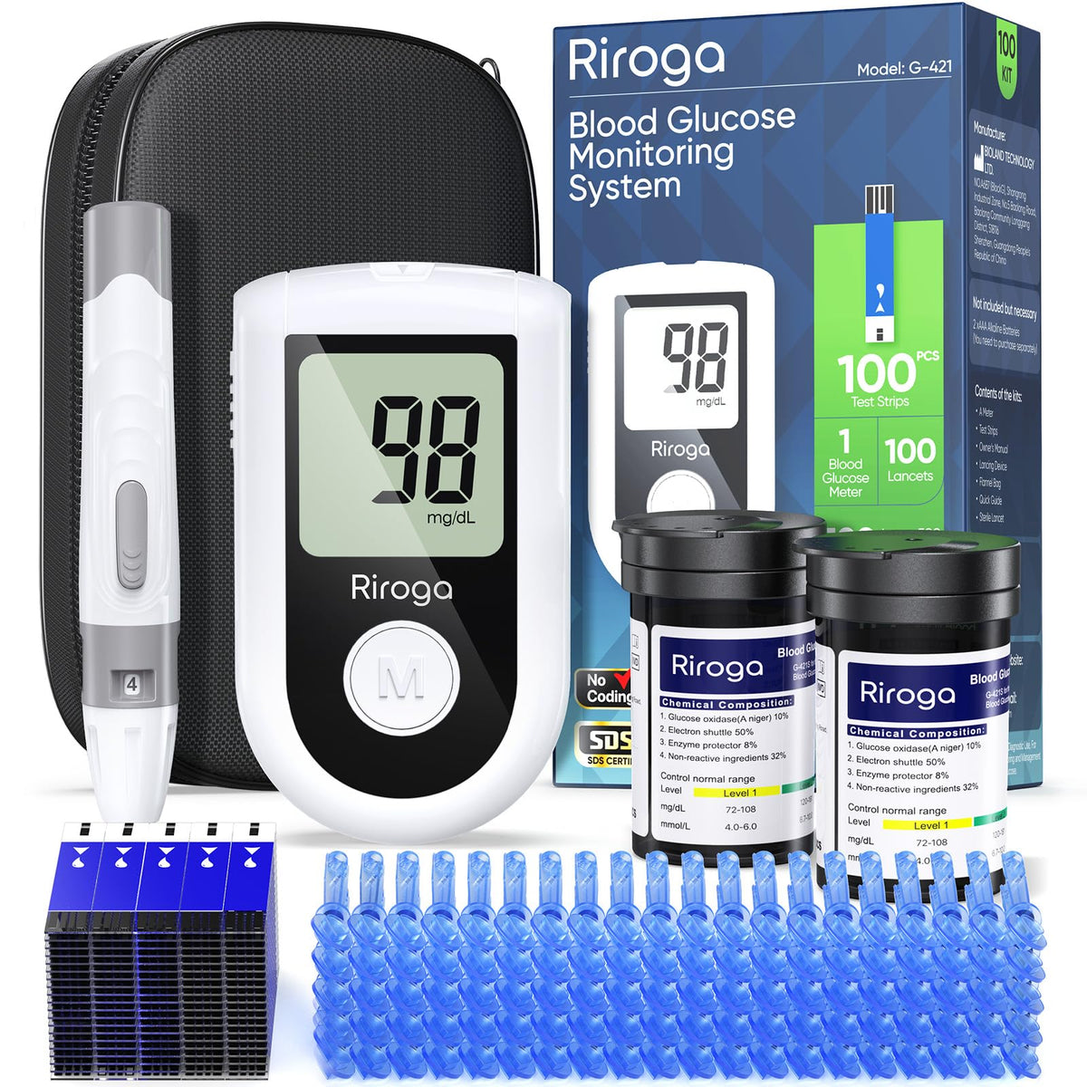Blood Glucose Monitor Kit with 100 Strips, 100 Lancets, Lancing Device, No Coding T852