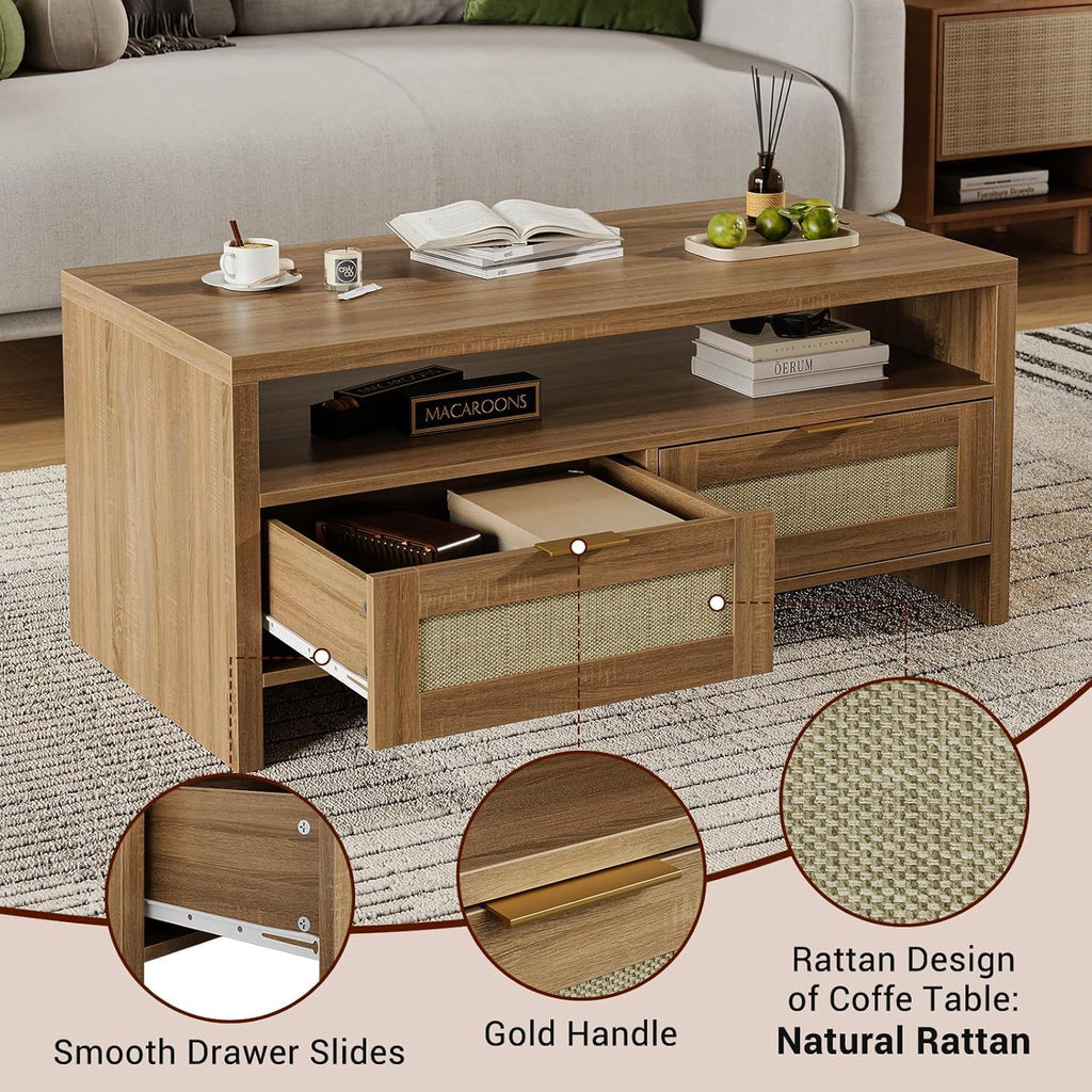40” Boho Rattan Coffee Table with Storage M123941