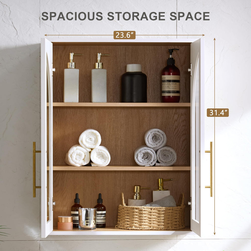 White Wall Mount Bathroom Cabinet with Glass Doors and Adjustable Shelves X9424