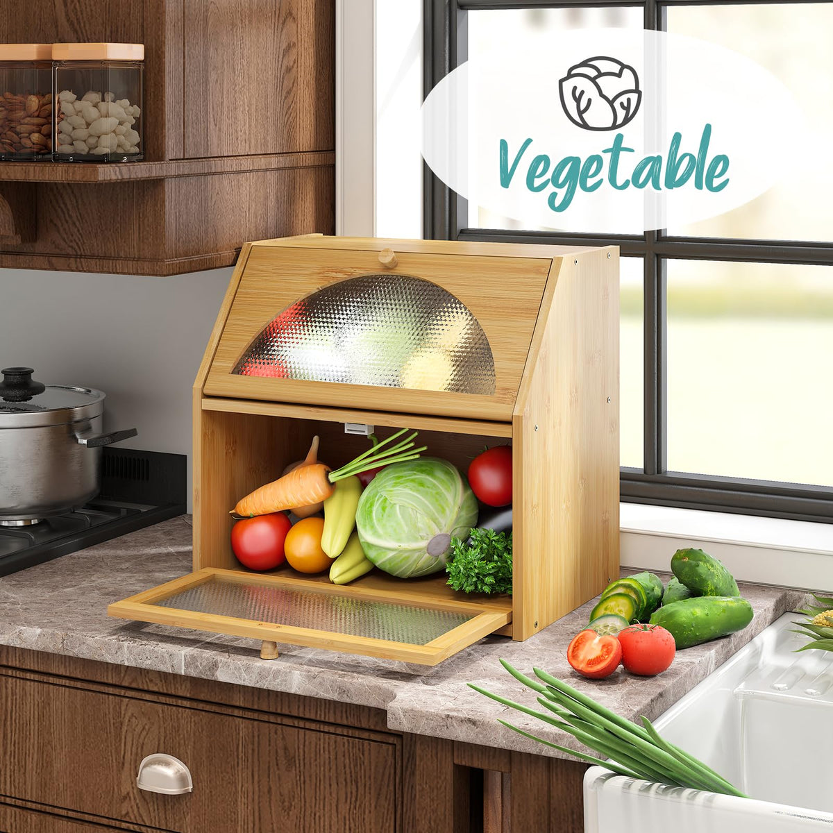 Extra Large Bamboo Wood Double Layer Bread Box Q543593