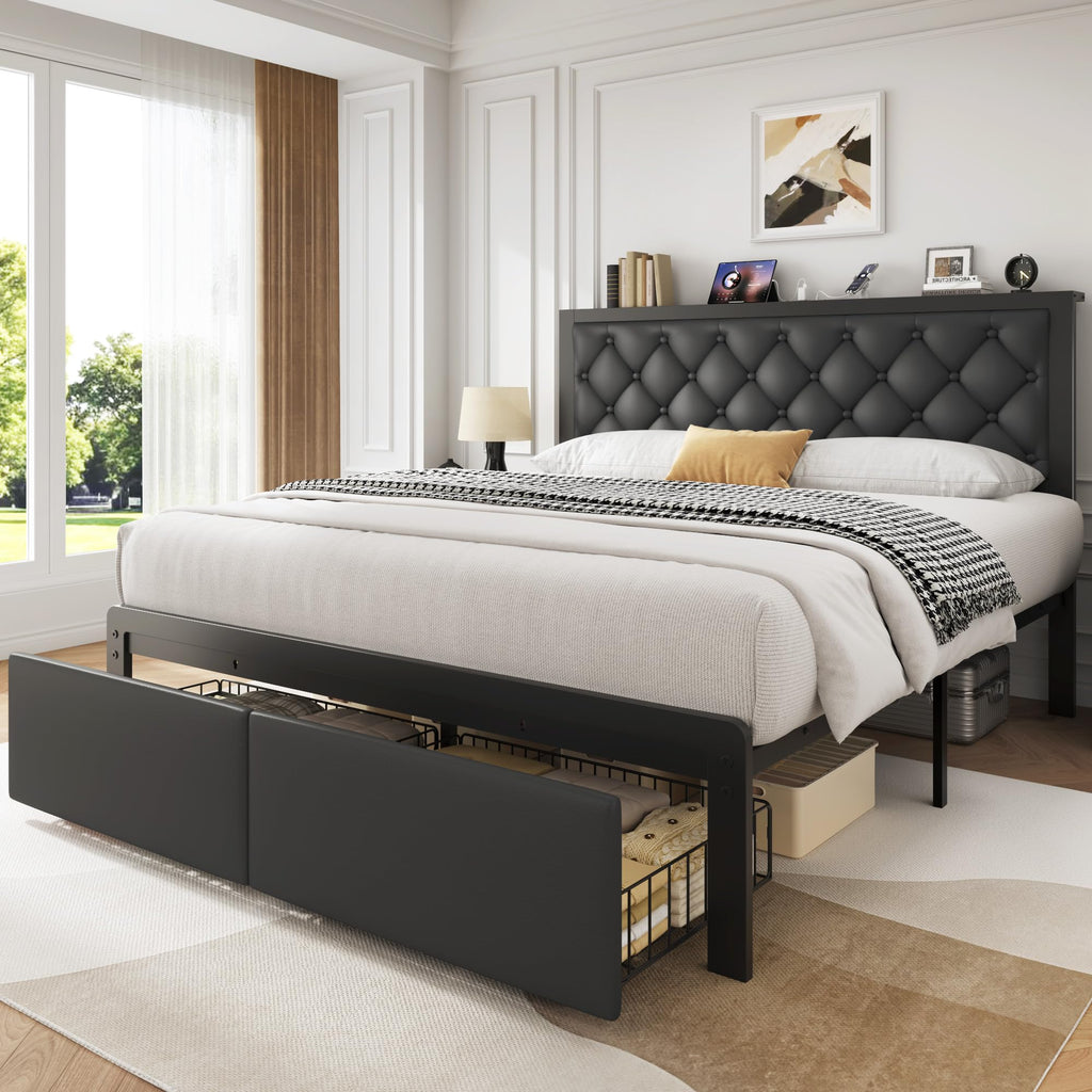 Queen Bed Frame with Upholstered Headboard and 2 Storage Drawers H706