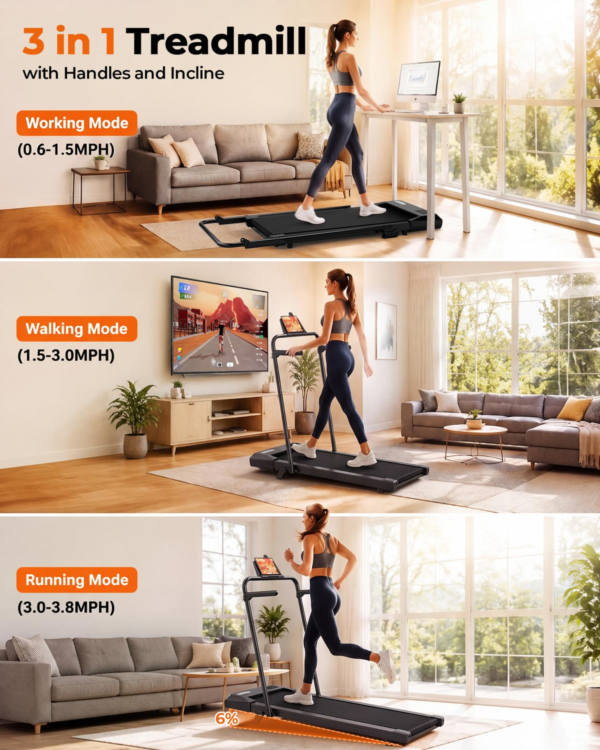 Walking Pad with 6% Incline, 3 in 1 Portable Treadmill, 2.5 HP, 300 Lbs Capacity X557907